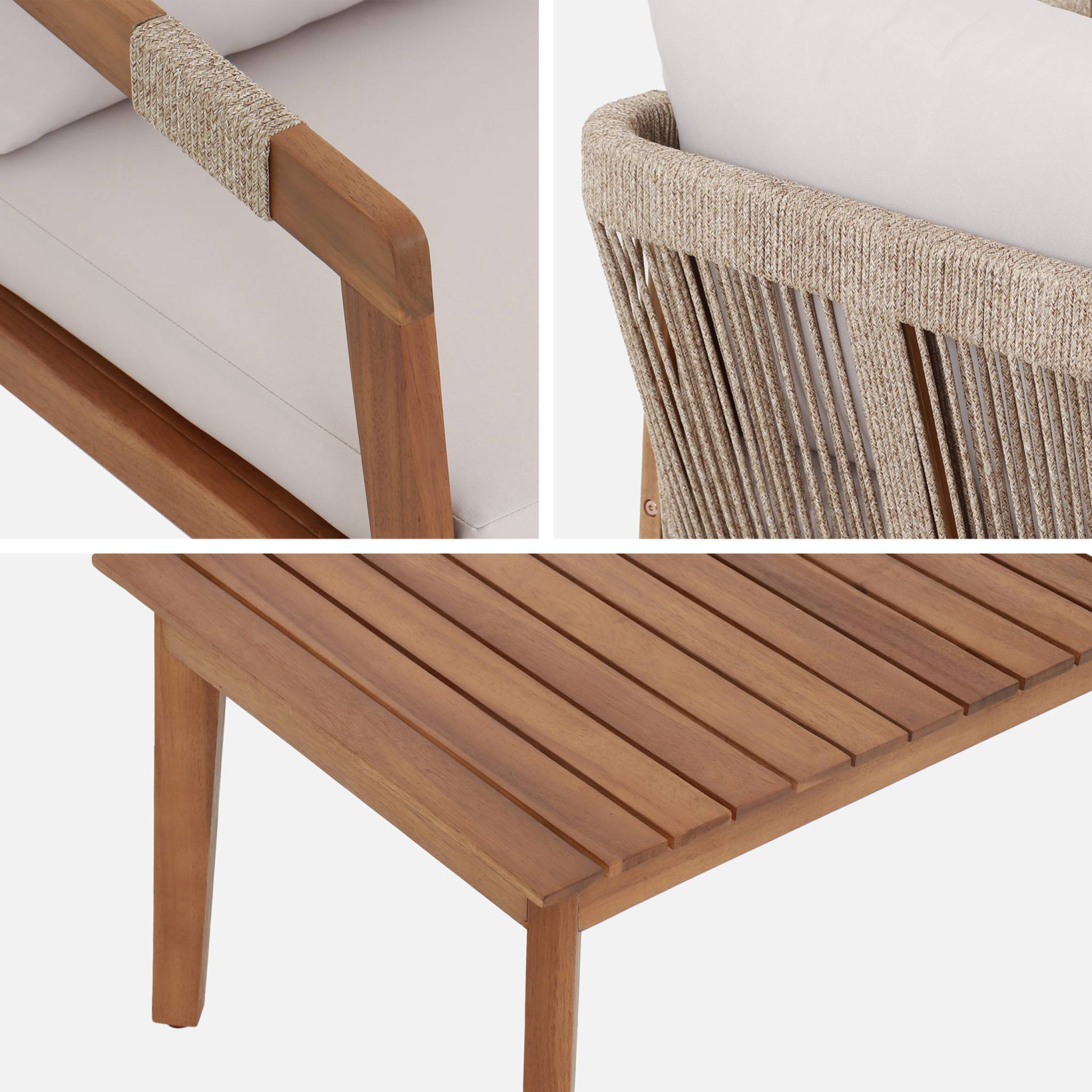 Salotto da giardino in acacia per 4 persone con corde, beige