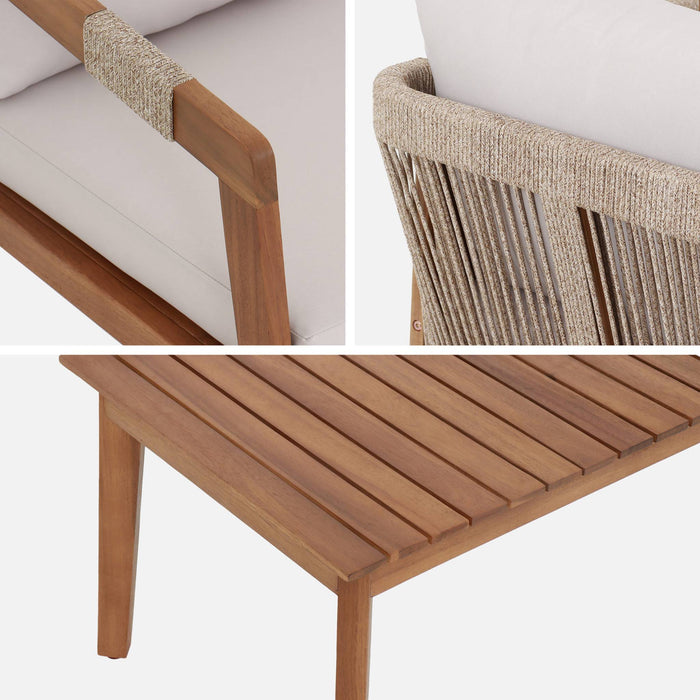 Salotto da giardino in acacia per 4 persone con corde, beige