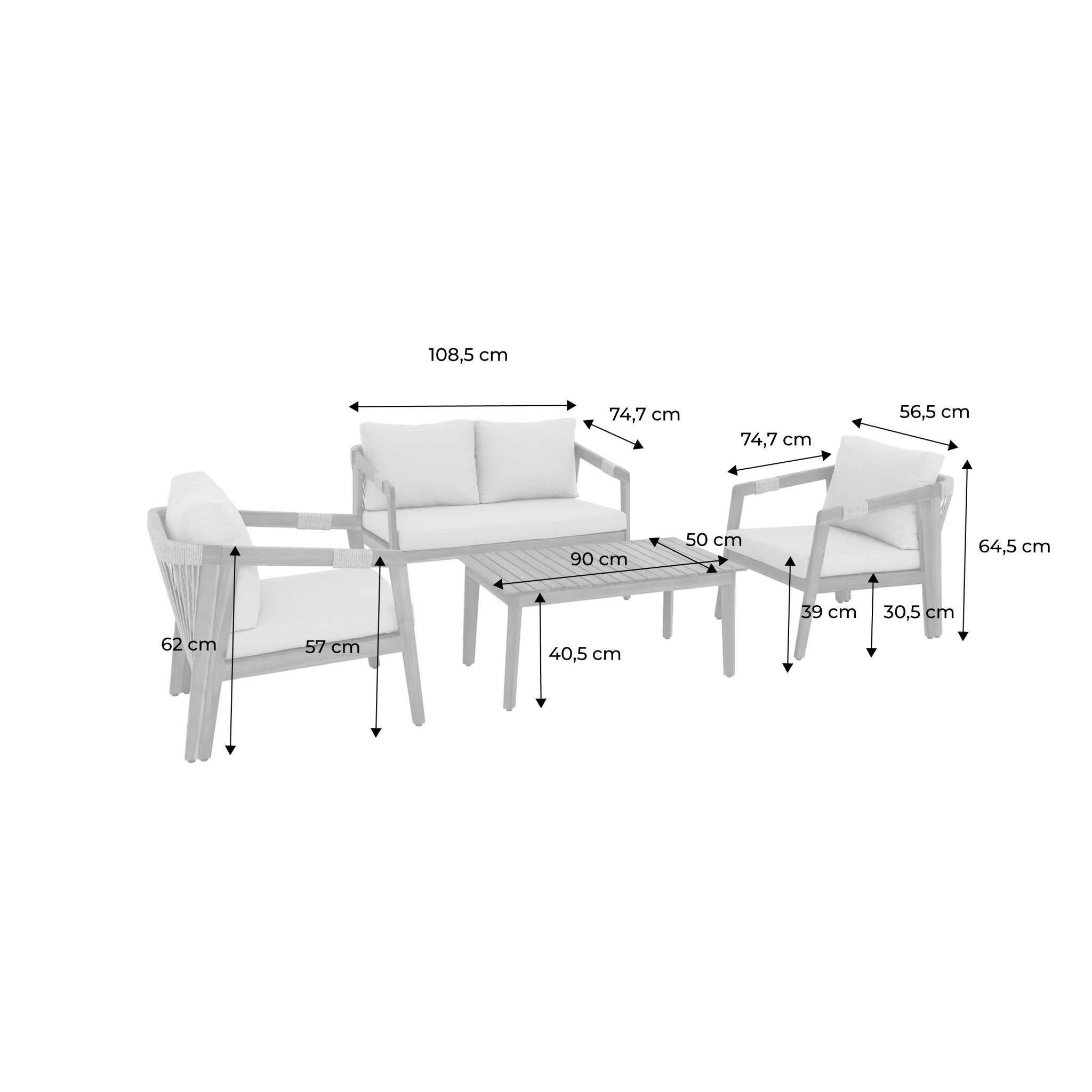 Salotto da giardino in acacia per 4 persone con corde, beige