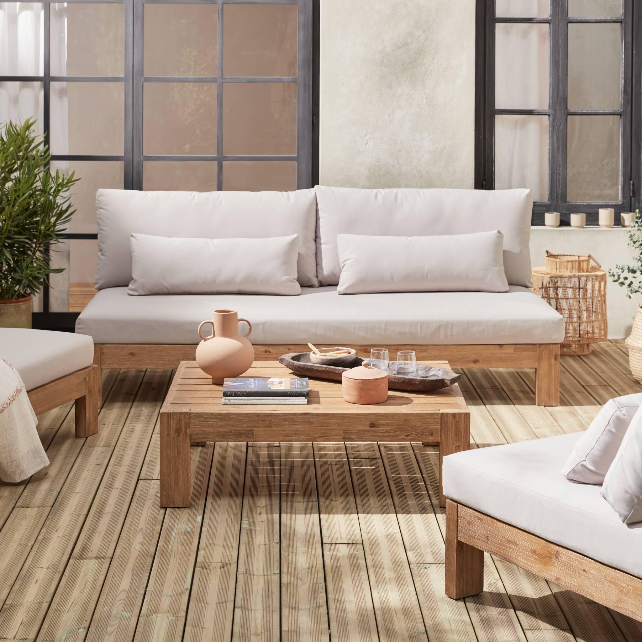 Salotto da giardino in legno a 5 posti, marrone naturale