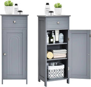 Armadietto Bagno da Terra, Mobiletto a 3 Ripiani con Anta, Cassetto, Manico, Spazio Interno Flessibile, Compatto e Salvaspazio, 35,5x30,5x88 cm, Bianco/Marrone/Grigio/Nero
