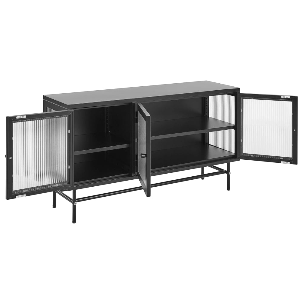 Credenza a 3 ante in metallo nero e vetro con ripiani 115 x 35