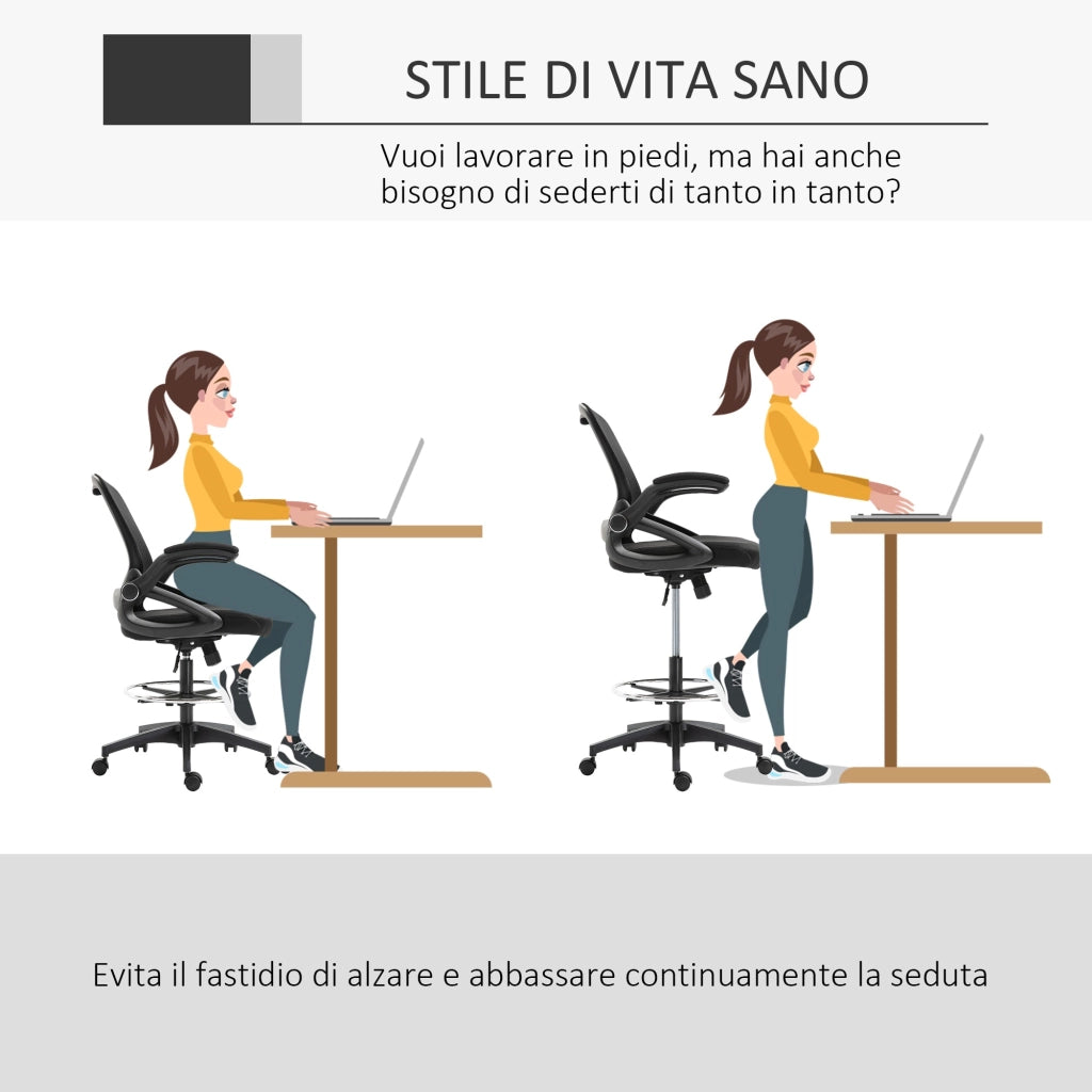 Sedia da Ufficio Traspirante con Braccioli Ribaltabili e Altezza Regolabile 64x60x106-126 cm Nero