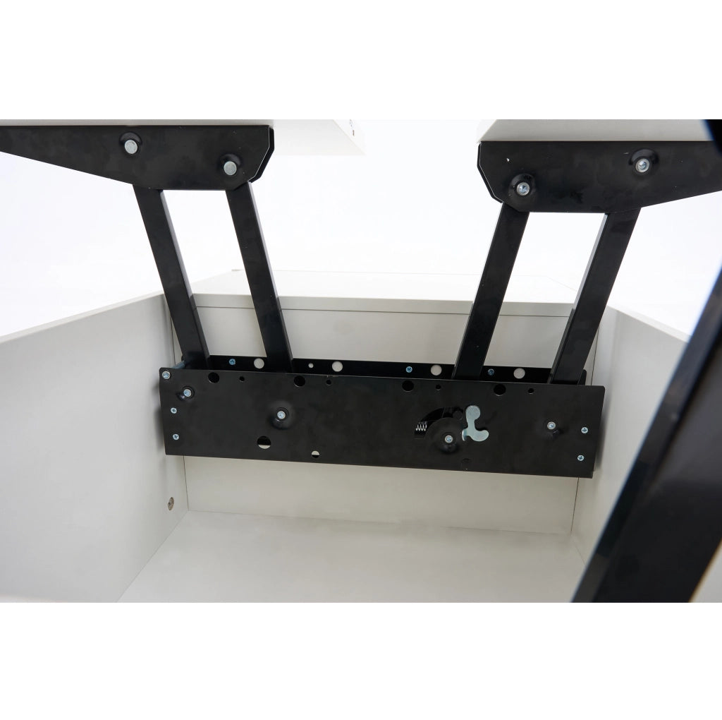 Tavolino da caffè 100x50x43 cm con doppio piano sollevabile; vano nascosto in truciolato bianco