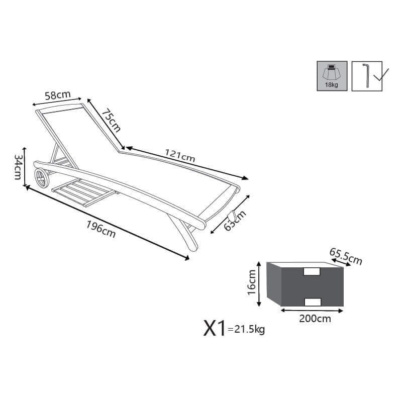 Lettino prendisole Legno con ruote in Legno Textilene Acacia cm 196x63x38 - MYRON