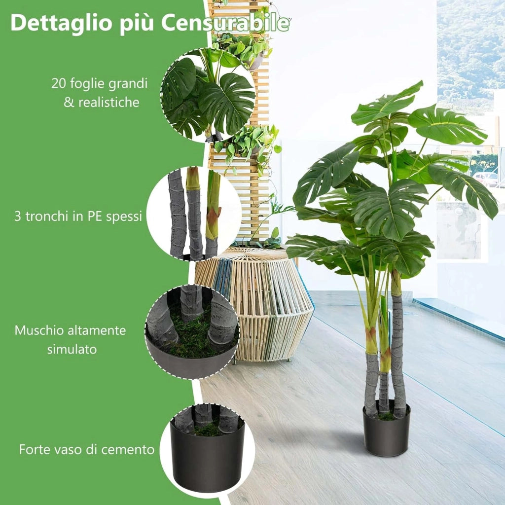 Pianta Finta 120 cm, Albero di Filodendro Artificiale con Foglie in Plastica PE, 3 Rami e 20 Foglie e Supporto in Cemento, Ideale per Casa, Ufficio e Negozio