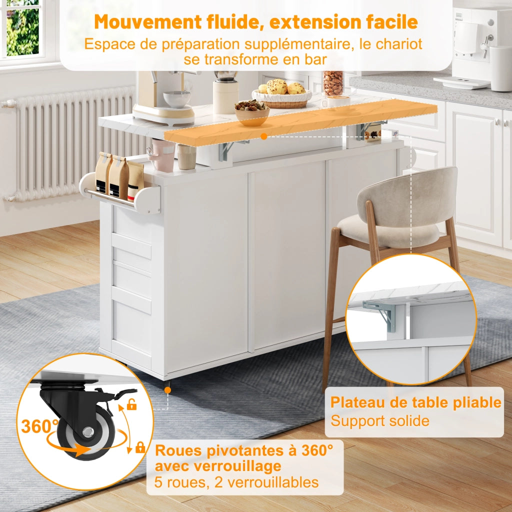 Isola da Cucina con 2 Ante; 3 Cassetti; Piano Pieghevole e LED; in MDF; 138x60x93 cm; Bianco