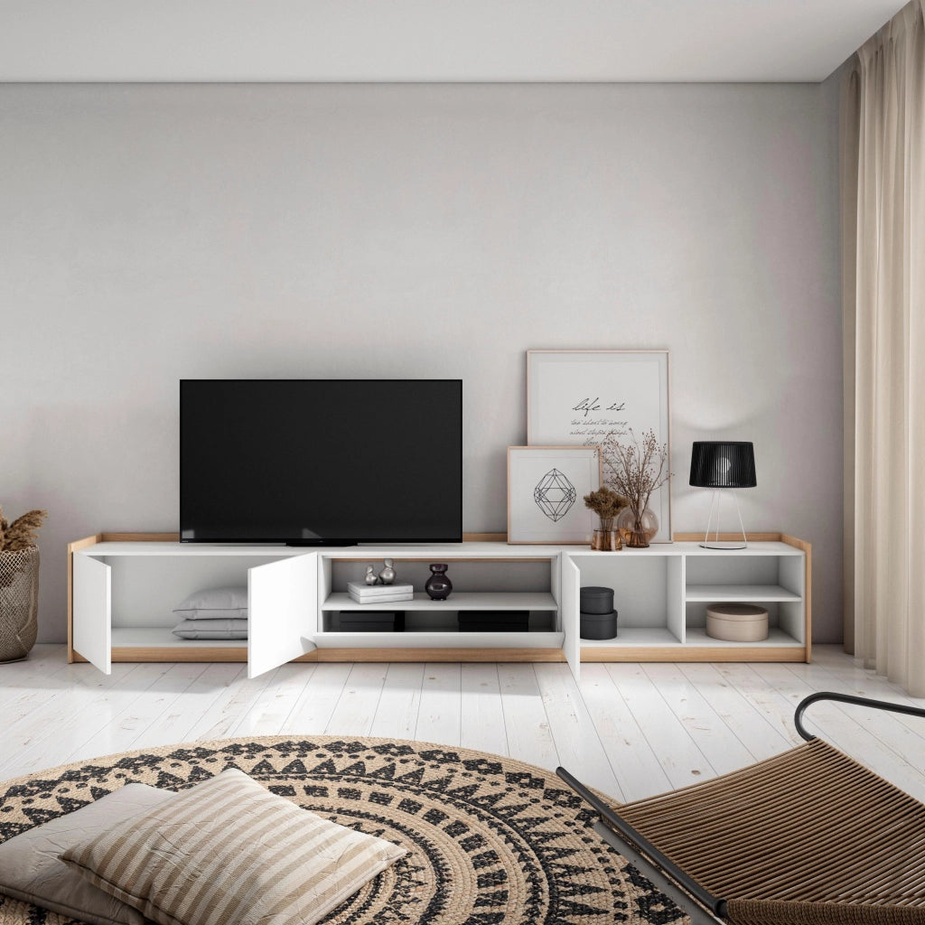 Mobile TV Soggiorno, 310x50x37 cm, Per TV fino a 80", Mobile Soggiorno, Bianco e Rovere soft