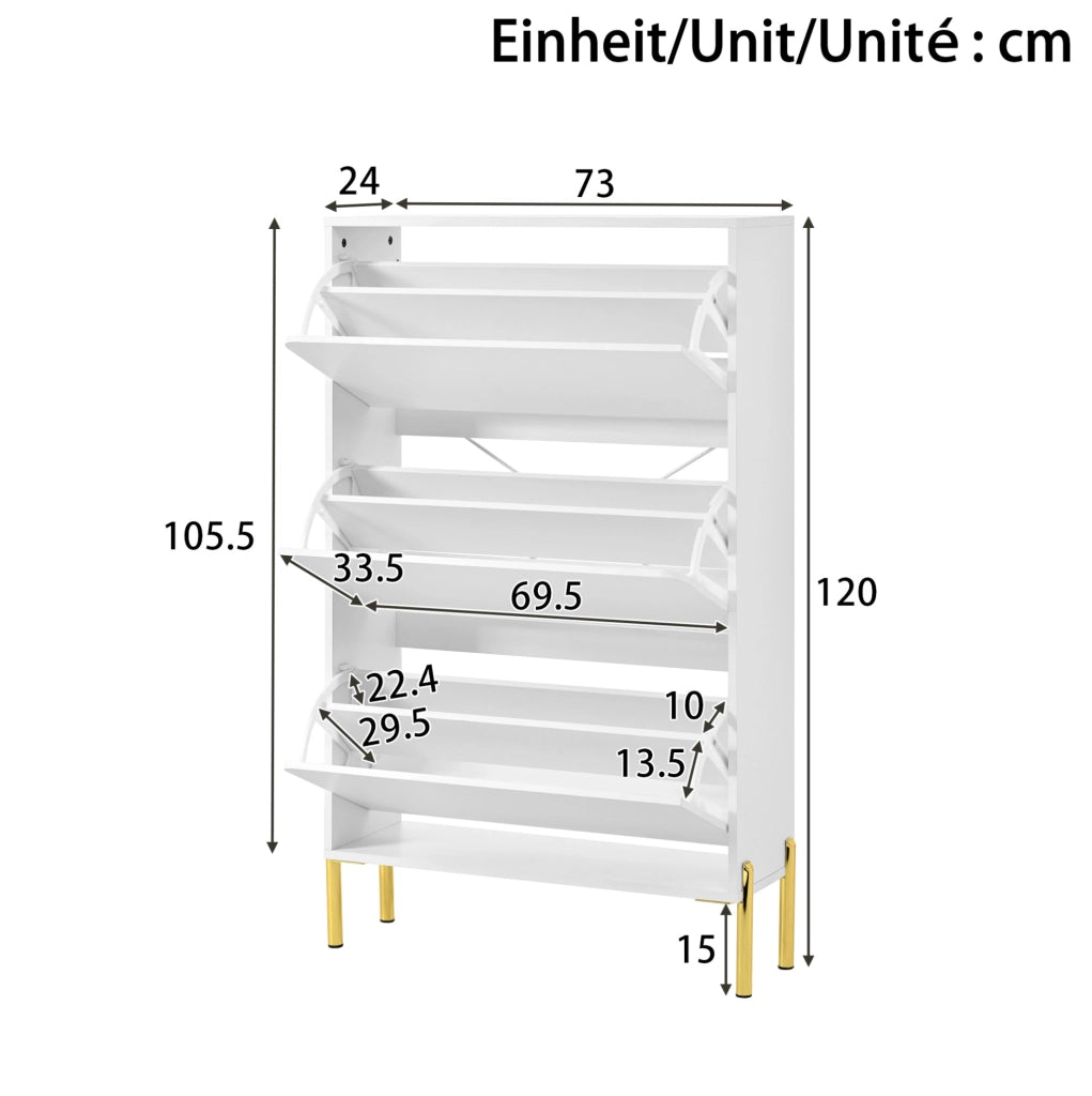 Scarpiera 73x24x120 cm a 3 ante salvaspazio con gambe dorate in MDF bianco