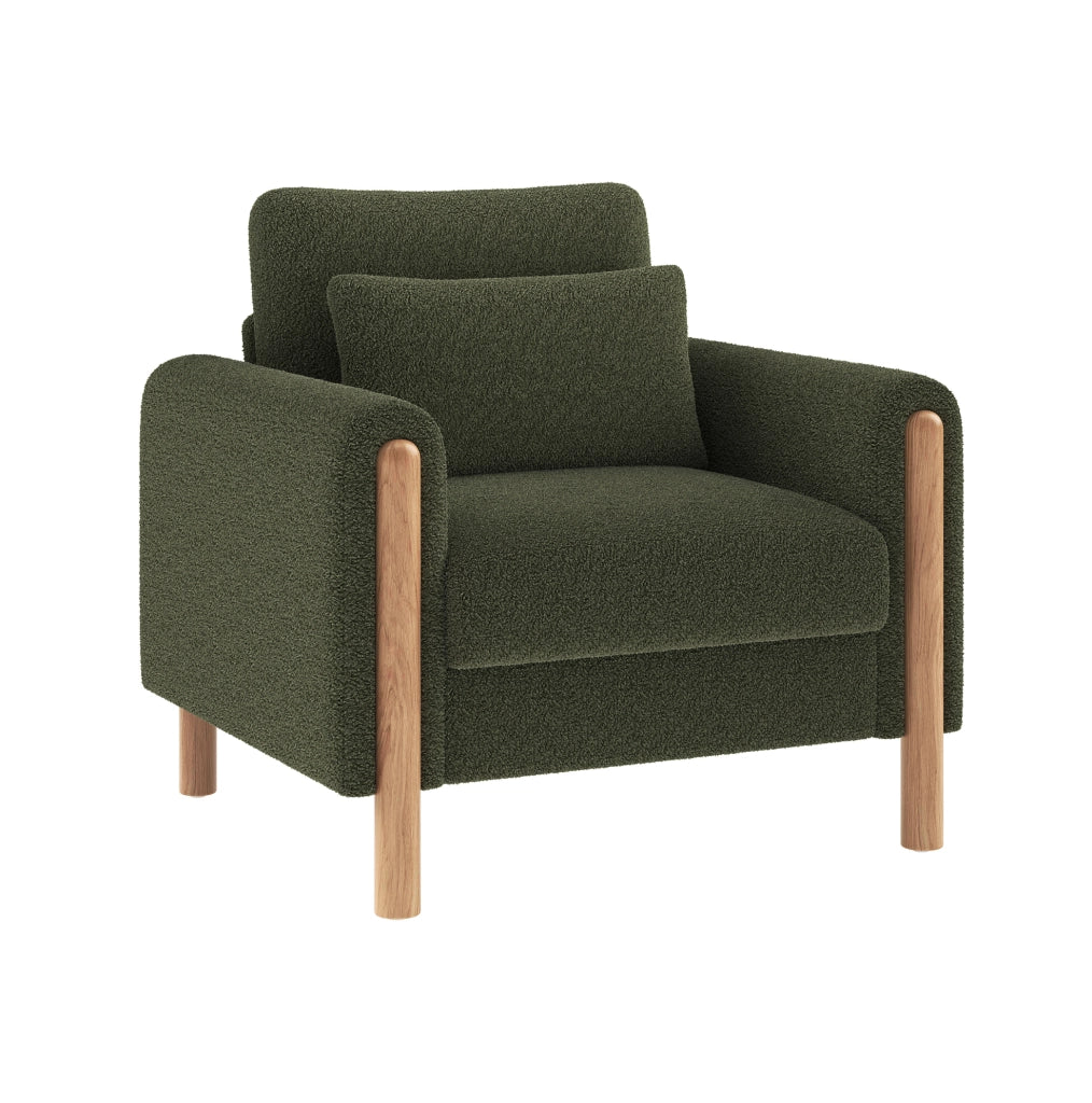 Poltrona 87x83x88.5 cm con cuscino spesso e struttura in legno; tessuto Teddy verde