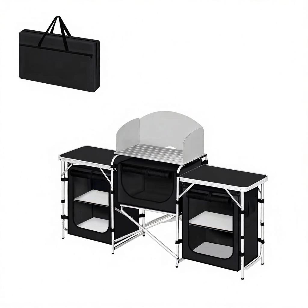 CUCINA DA CAMPEGGIO Pieghevole 174x48x112 cm Nero in Alluminio e MDF
