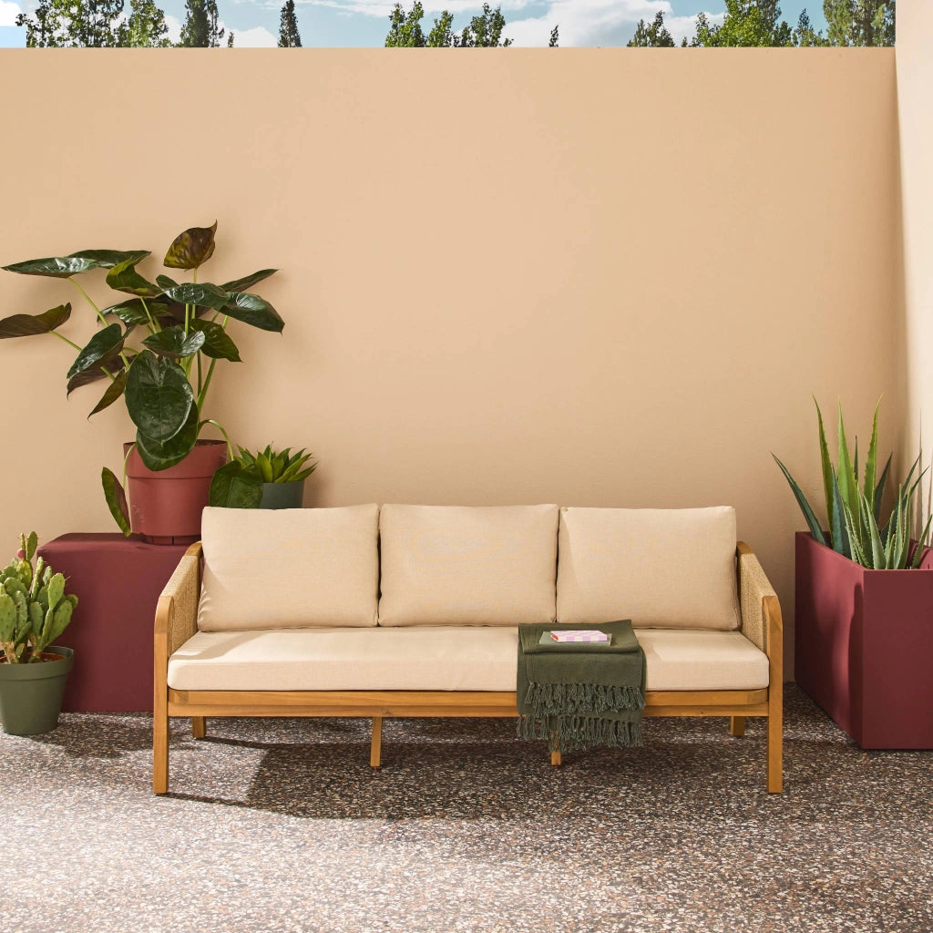 Divano da esterno in legno di acacia e corde, 3 posti, beige