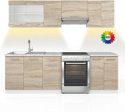Mobile da cucina Raul, Sonoma/Bianco, 240 cm, PL Marmo con striscia LED, combinabile in modo flessibile con elementi modulari