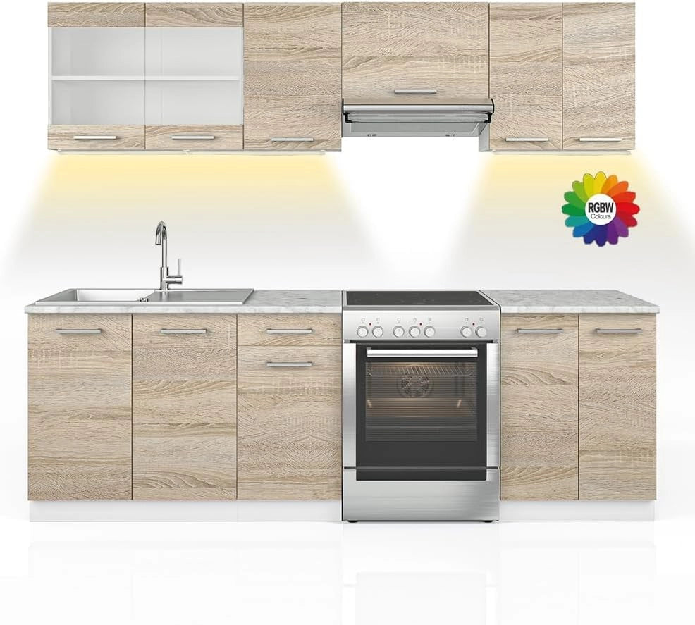 Mobile da cucina Raul, Sonoma/Bianco, 240 cm, PL Marmo con striscia LED, combinabile in modo flessibile con elementi modulari