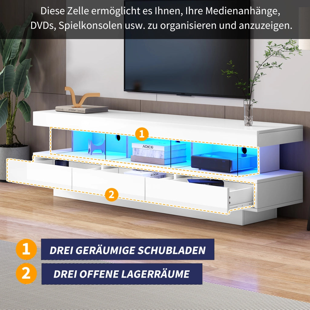 Mobile porta TV moderno con 3 vani in vetro, LED controllata da app bluetooth, bianco lucido, 160 × 38 × 50.5 cm