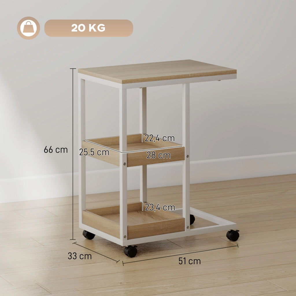 Tavolino da Caff¨¨ con Ruote e Ripiani Aperti in Legno e Acciaio ¨C Minimal ¨C 51x33x66cm Bianco e Naturale