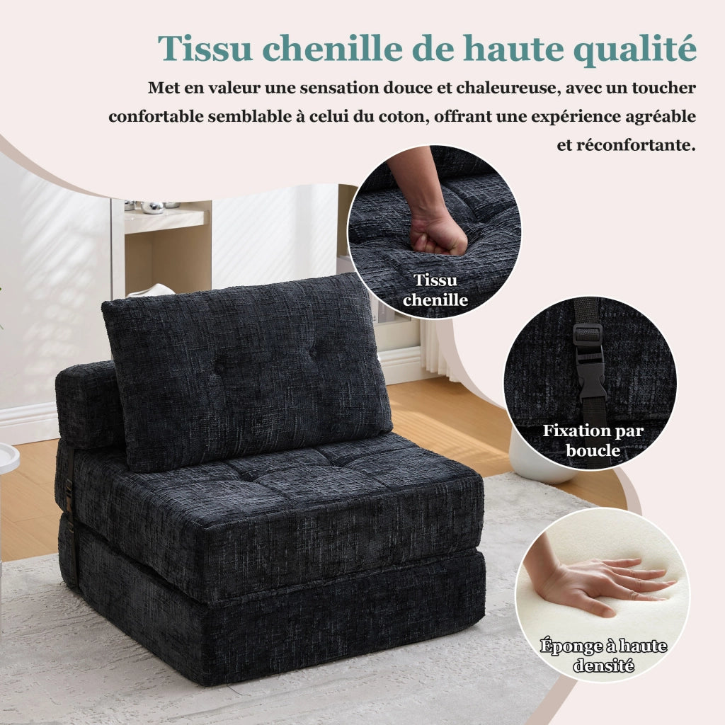 Divano Letto Pieghevole con Schienale e Cuscini Testa e Lombare; in Ciniglia Nero; 79 × 79 × 57 cm