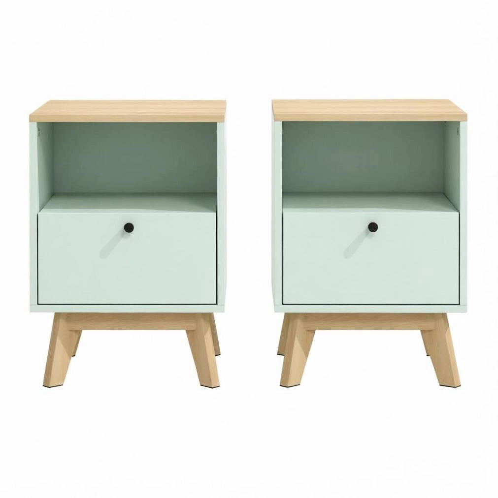 Set di 2 Comodini in MDF Verde Chiaro con Cassetto e Ripiano Aperto, 40x40x55 cm
