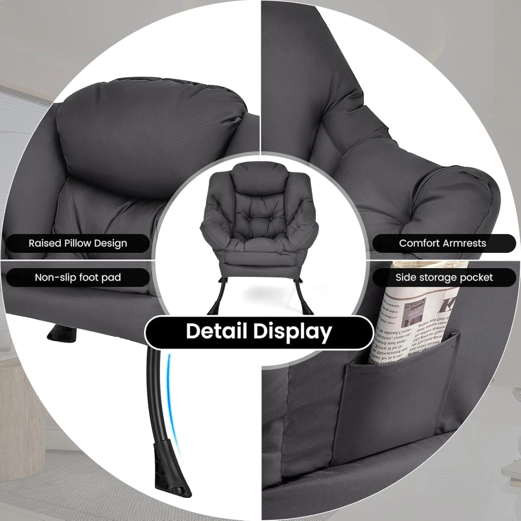Poltrona da salotto scandinava, divano Relax confortevole, bracciolo, tasca laterale, 4 piedi in acciaio, sedia relax per soggiorno, ufficio, camera da letto, 75 x 81 x 94,5 cm, grigio (grigio