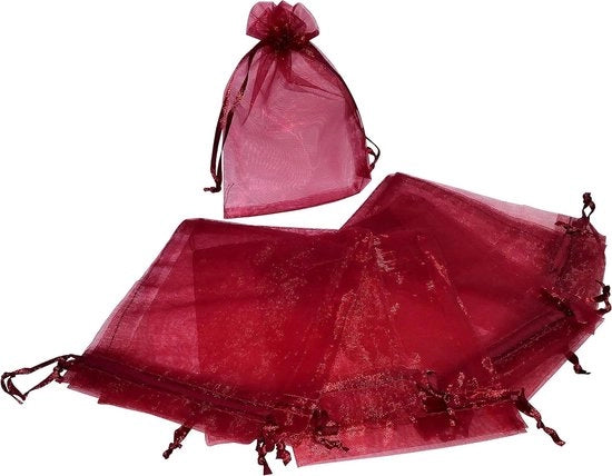 Set di 10 sacchetti organza trasparenti 100x120 mm - Rosso vino - Chiusura a cordino - Conservazione gioielli