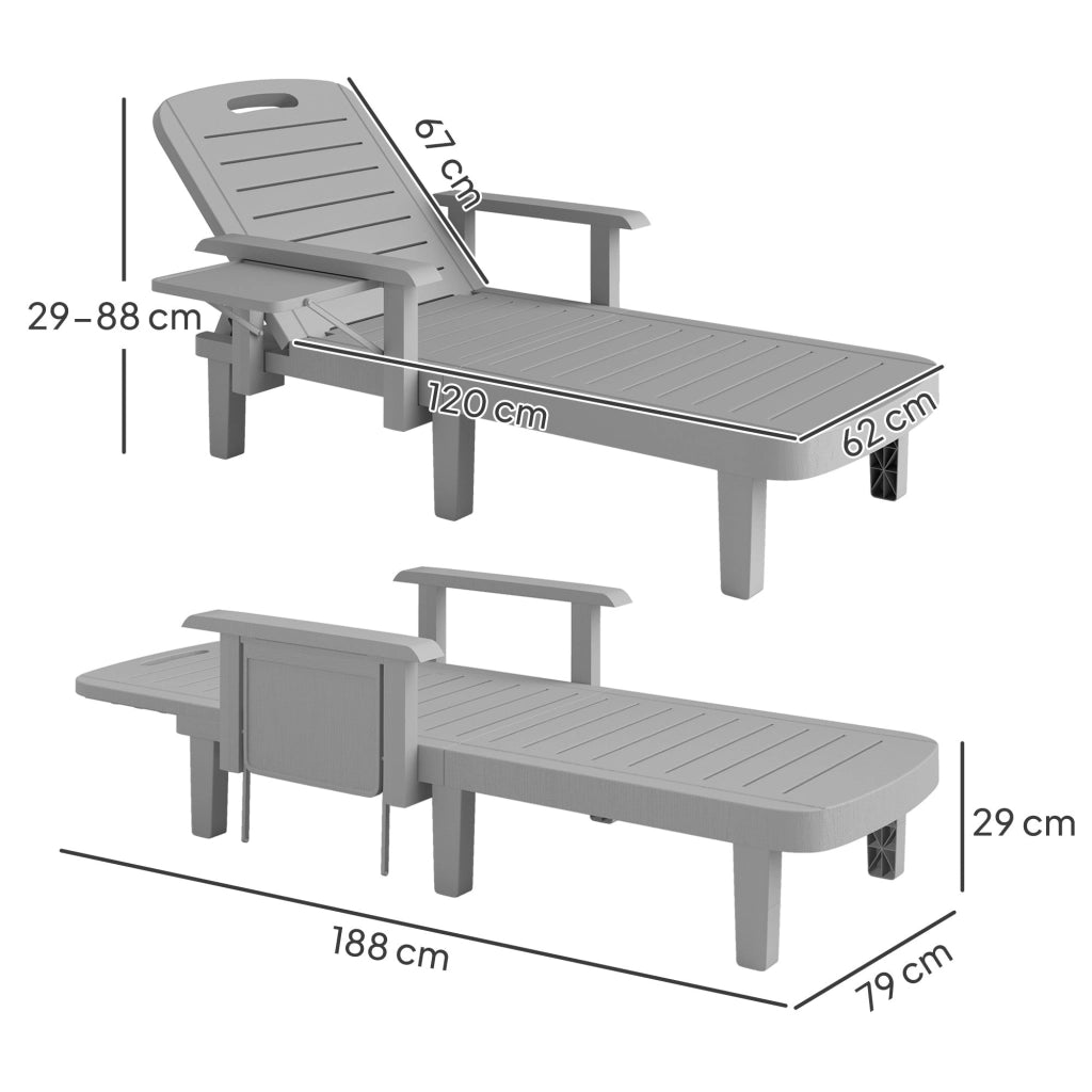 Set 2 Lettini da Giardino Regolabili 79x158x88 cm con Tavolino Pieghevole in Polipropilene Grigio Chiaro