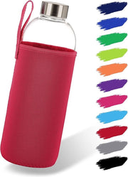Fiasco di vetro 1 l con guaina di neoprene, fiasco di vetro in 500 ml e 1000 ml con guaina e coperchio in acciaio inossidabile, borraccia di vetro per sport, ufficio, scuola e outdoor, rosso.