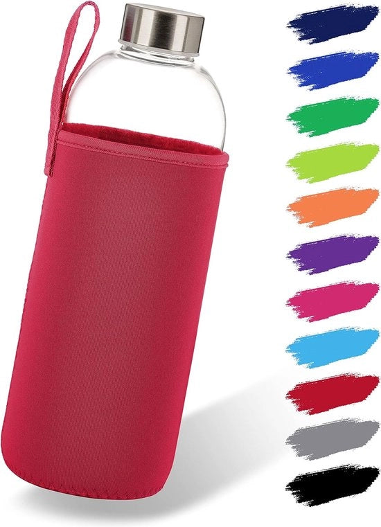 Fiasco di vetro 1 l con guaina di neoprene, fiasco di vetro in 500 ml e 1000 ml con guaina e coperchio in acciaio inossidabile, borraccia di vetro per sport, ufficio, scuola e outdoor, rosso.