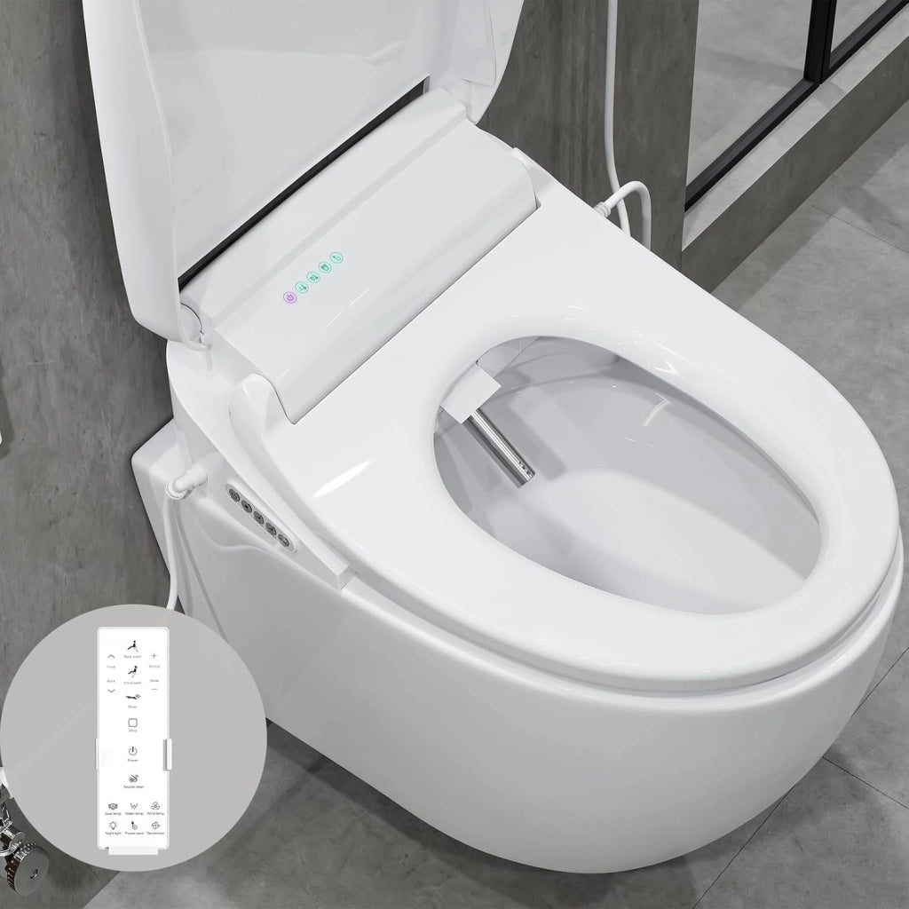 Copriwater intelligente con spruzzatore autopulente e installazione di asciugatura ad aria calda, sedile per doccia con luce notturna, deodorazione, risparmio energetico