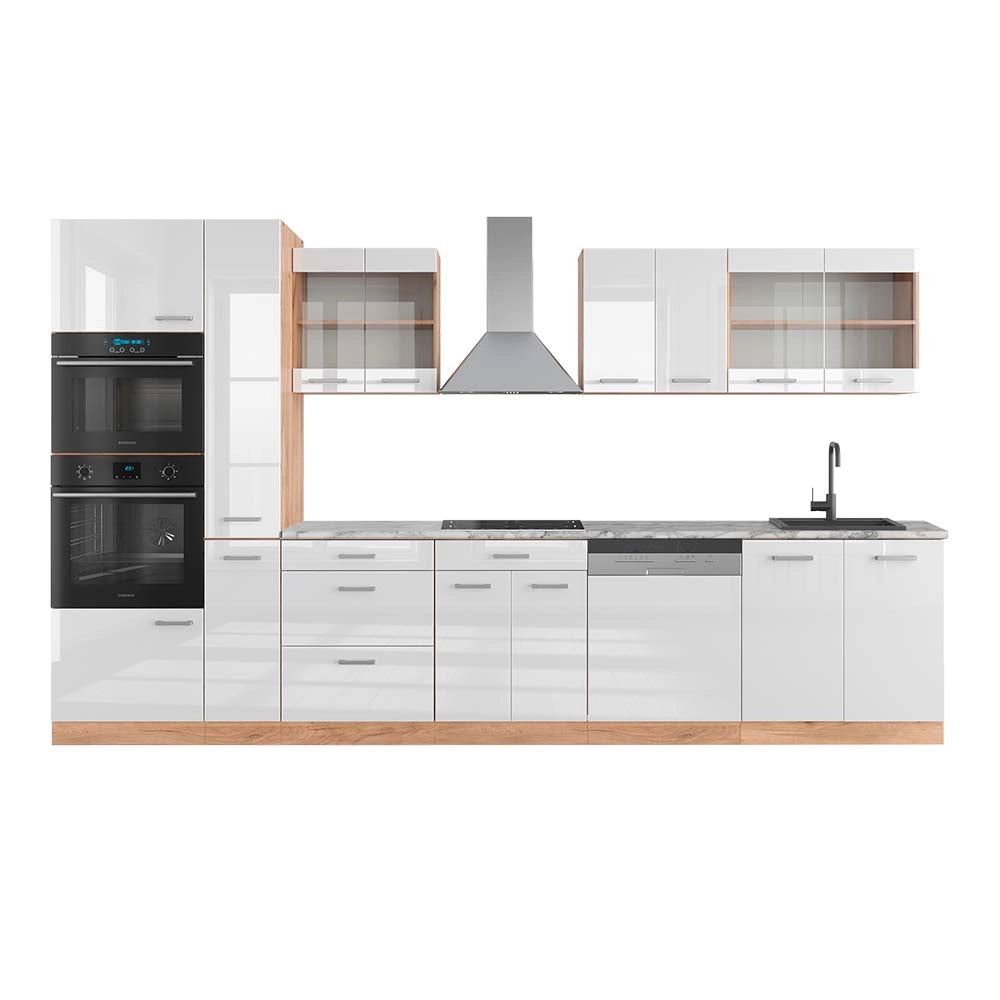 Vicco Cucina componibile Bianco lucido/oro power oak 350 cm con armadio alto, PL Marmo