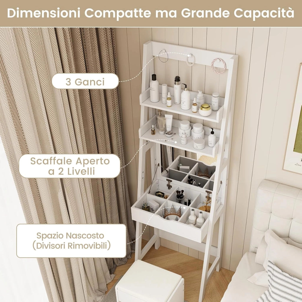 Toeletta Trucco con Specchio Nascosto, Set Tavolo e Sgabello da Trucco con 2 Ripiani, 3 Ganci, Sgabello Imbottito, per Soggiorno Camera da Letto, 60 x 40 x 180,5 cm (Bianco)