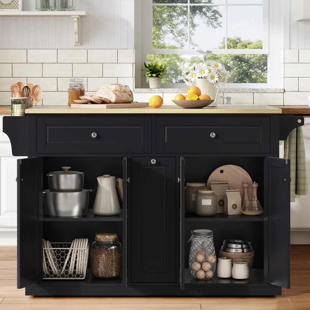 Isola cucina mobile con piano ribaltabile, cassetti verticali, 2 cassetti grandi e ruote frenanti
