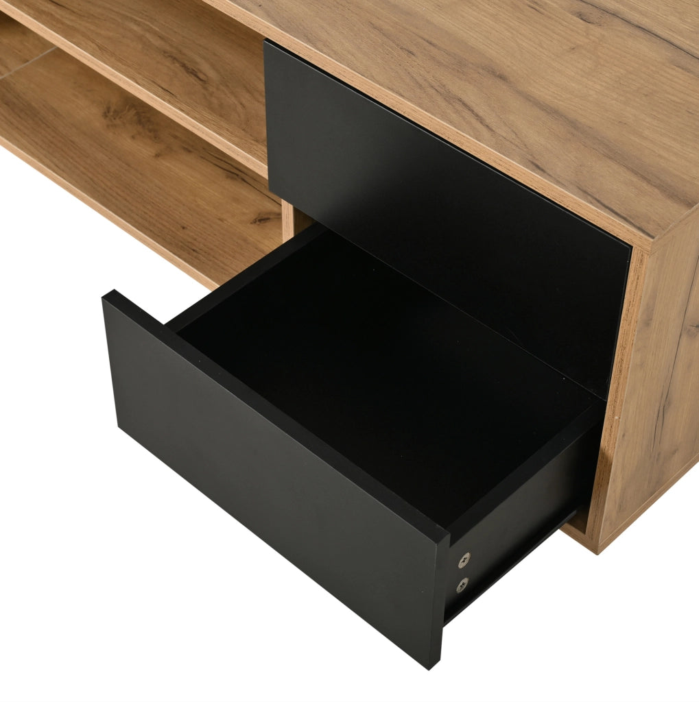 Mobile TV moderno 180x40x50 cm in truciolare effetto legno naturale e nero; per TV fino a 75 pollici