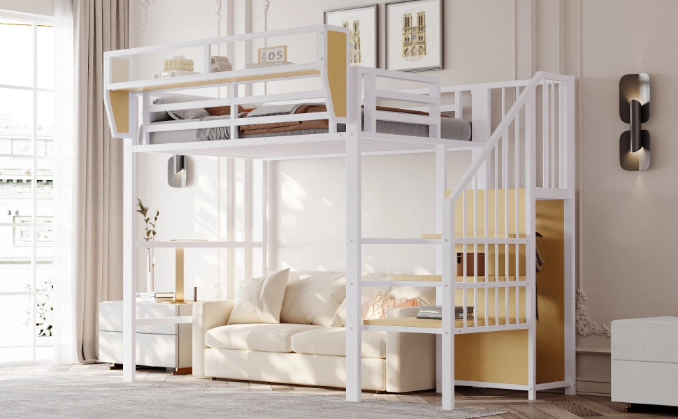 DESMIU Letto a soppalco Letto singolo 90 × 200 cm 1 posto con scala di sicurezza e ripiano removibile, senza materasso