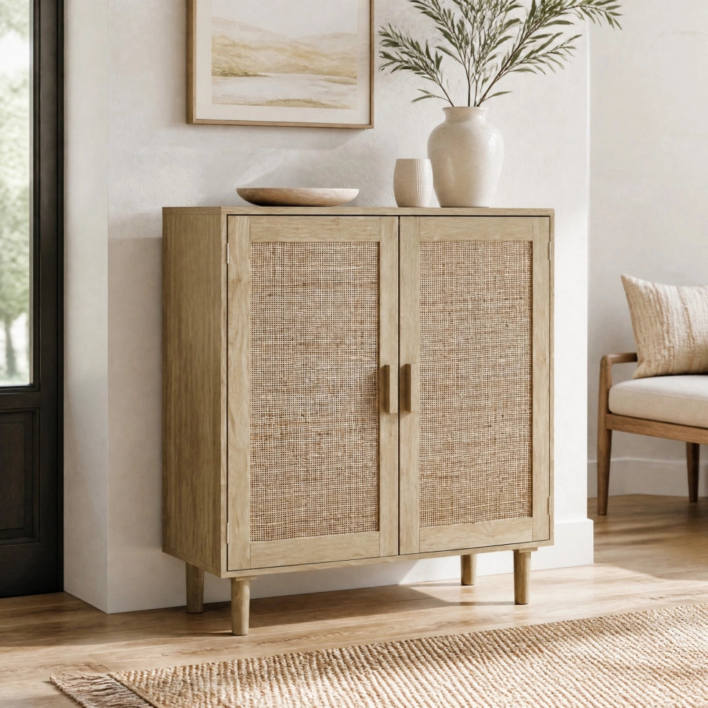 Armadio contenitore a due ante in rattan con maniglie in legno massiccio