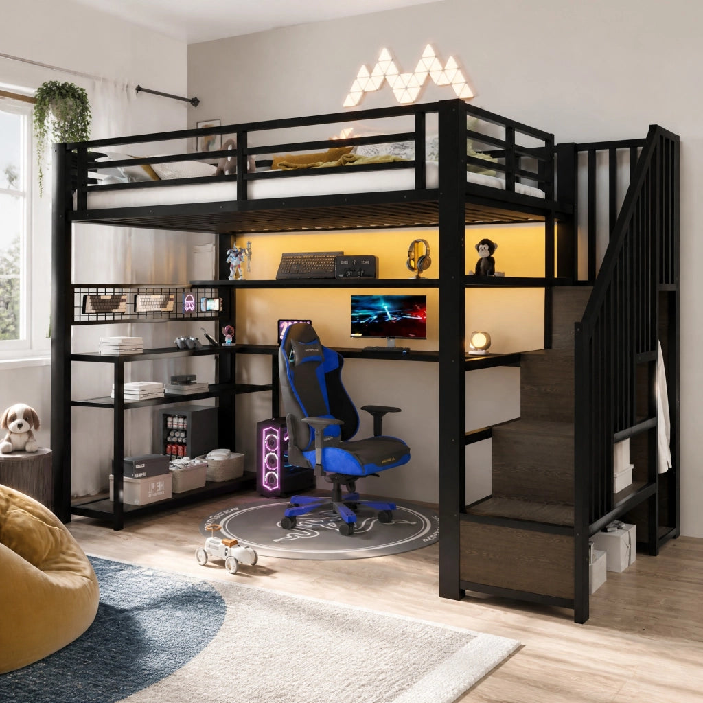 Letto a soppalco 90x200 cm con LED; scrivania e armadio in MDF e metallo nero