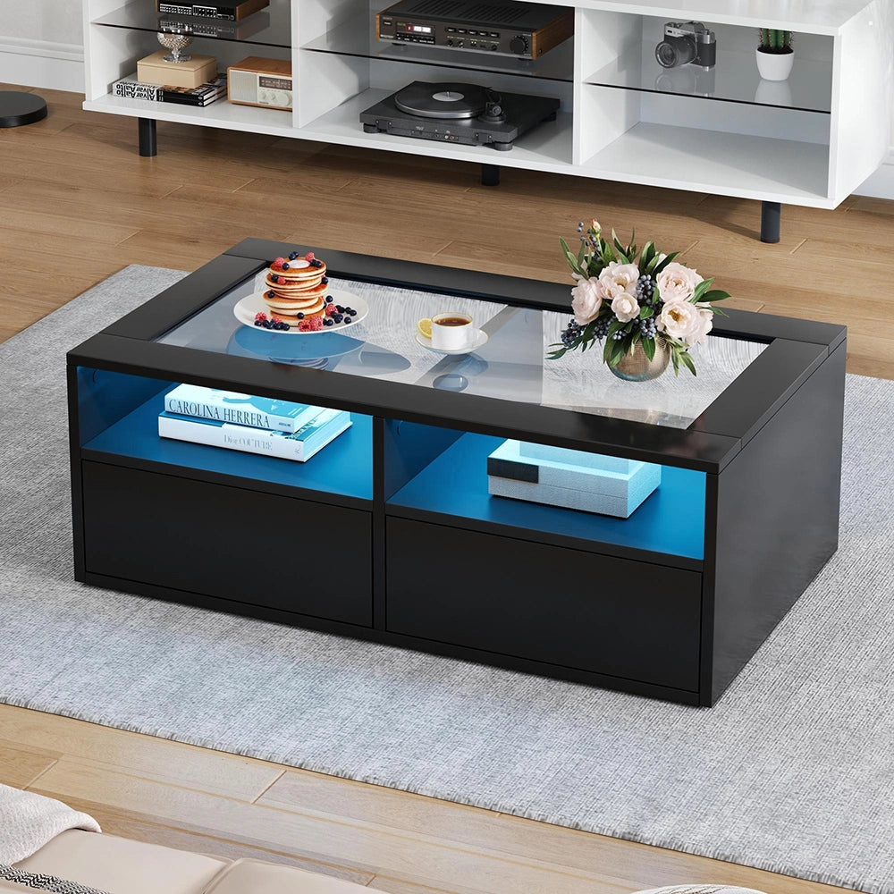 Tavolino LED - Xylo - 100x50cm vetro 2 cassetti nero