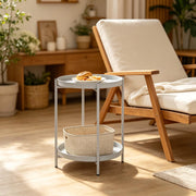 Tavolino basso rotondo con 2 ripiani in metallo, per soggiorno e camera da letto, grigio chiaro, 44 × 44 × 53 cm