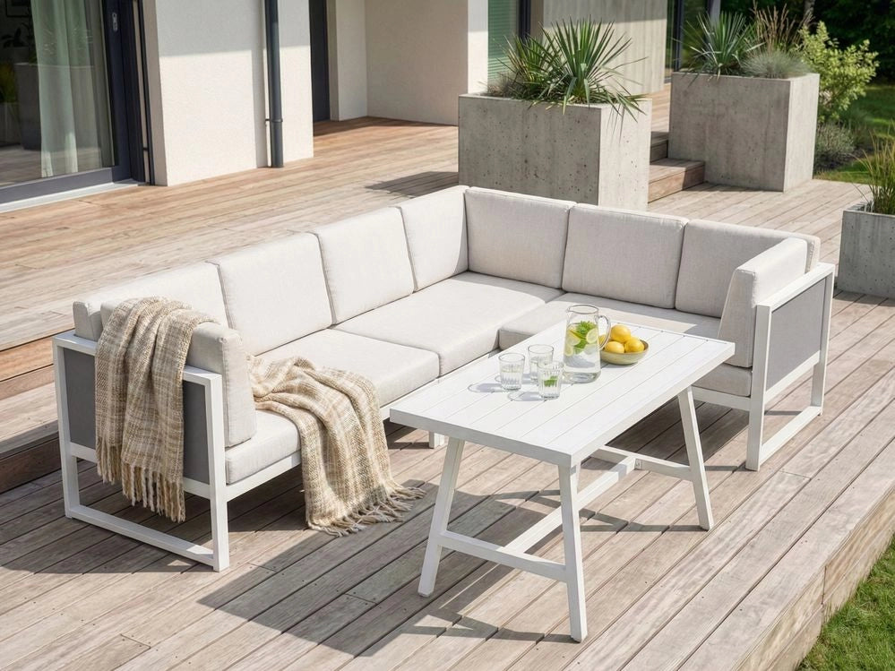Set da salotto da giardino con tavolino bianco in alluminio bianco sporco con cuscini e tavolino stile moderno esterno