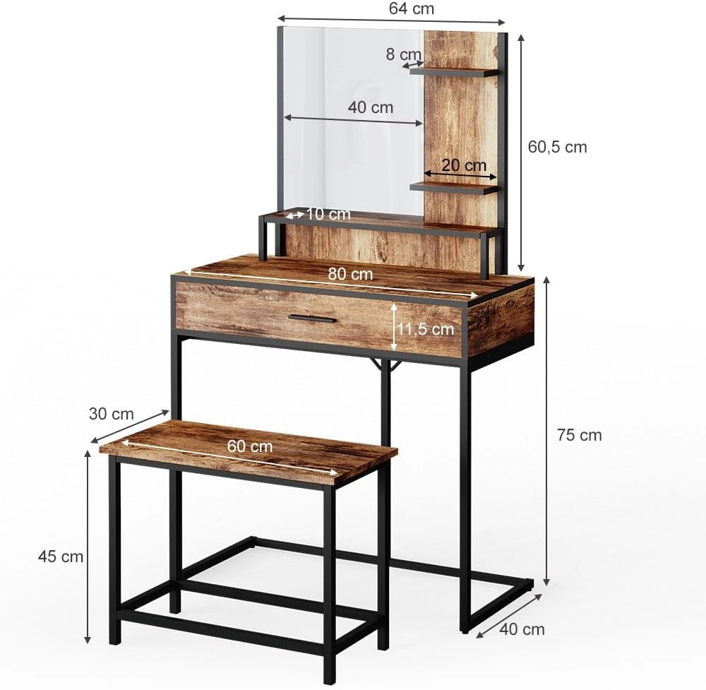Tavolo da toeletta Fyrk, Legno antico, 80 cm con sedia, adatto come seduta e piano d’appoggio per area trucco