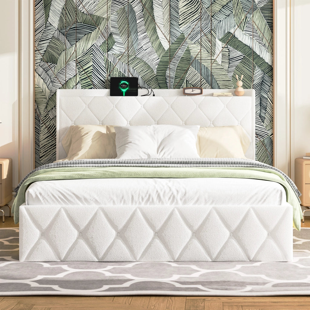 Letto matrimoniale 160 × 200 cm con USB, LED, ripiano in testiera e contenitore, senza materasso, bianco