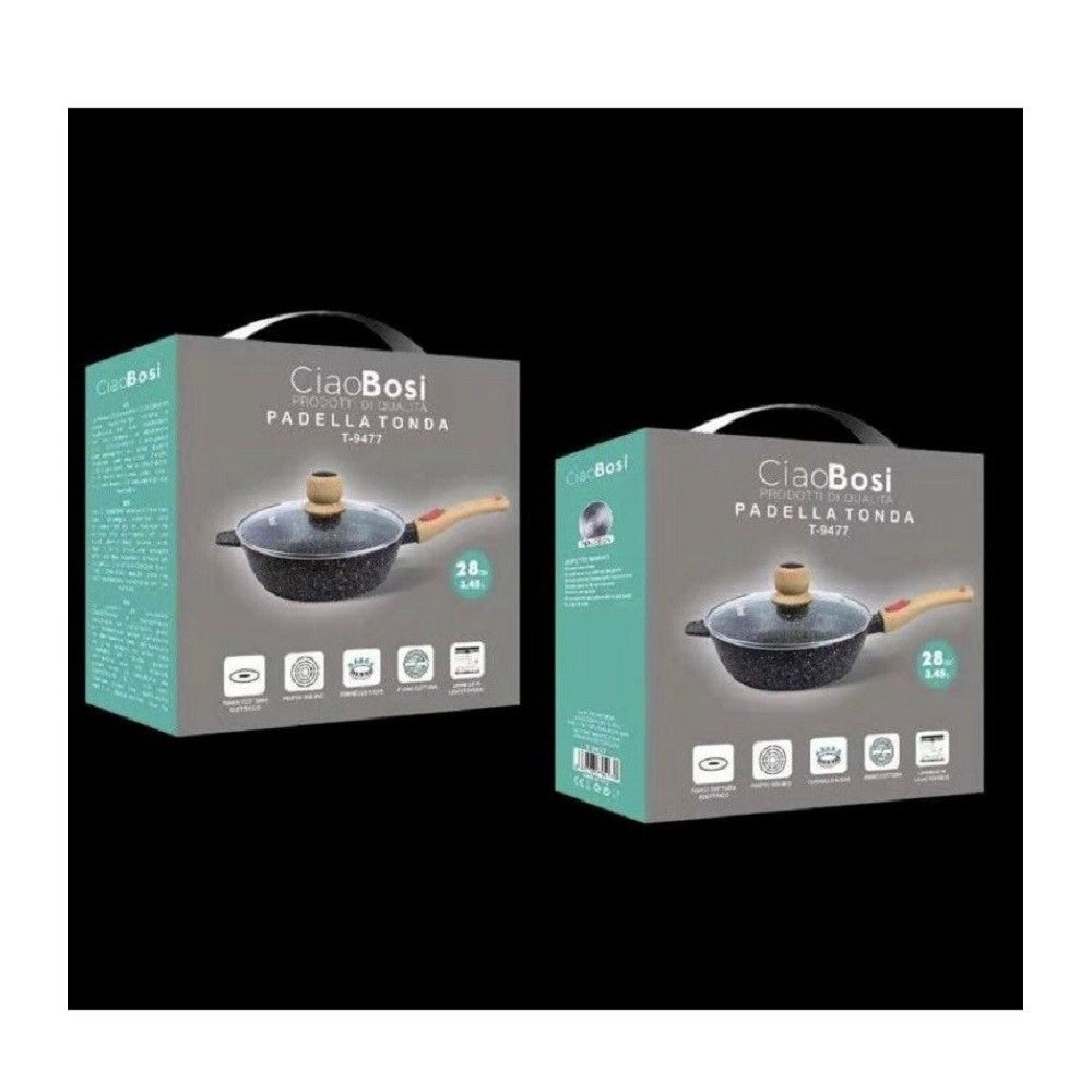 Trade Shop - Padella Tonda Con Manico In Legno Coperchio In Vetro 28cm 3,45lt Cucina T-9477 -