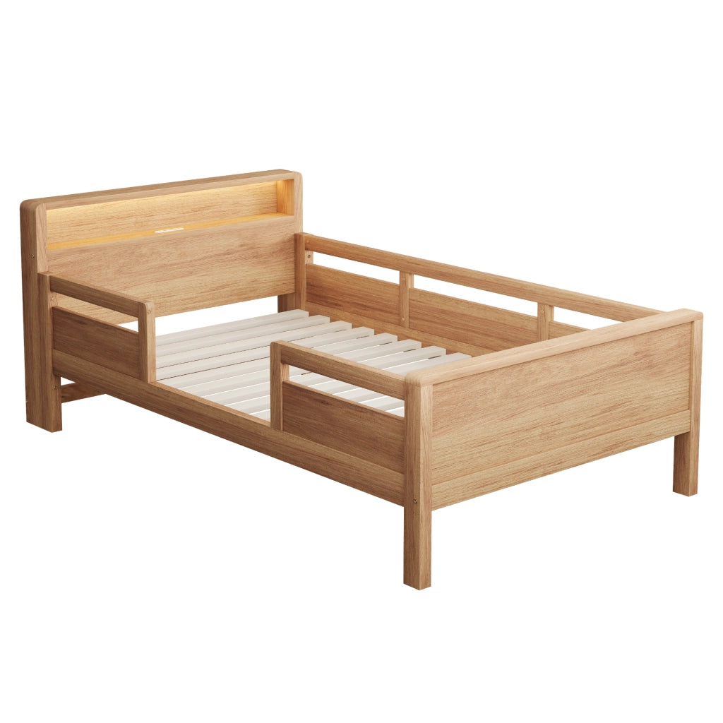 LETTO Bambini 90x200 cm in legno di pino naturale con LED e presa USB/Type-C