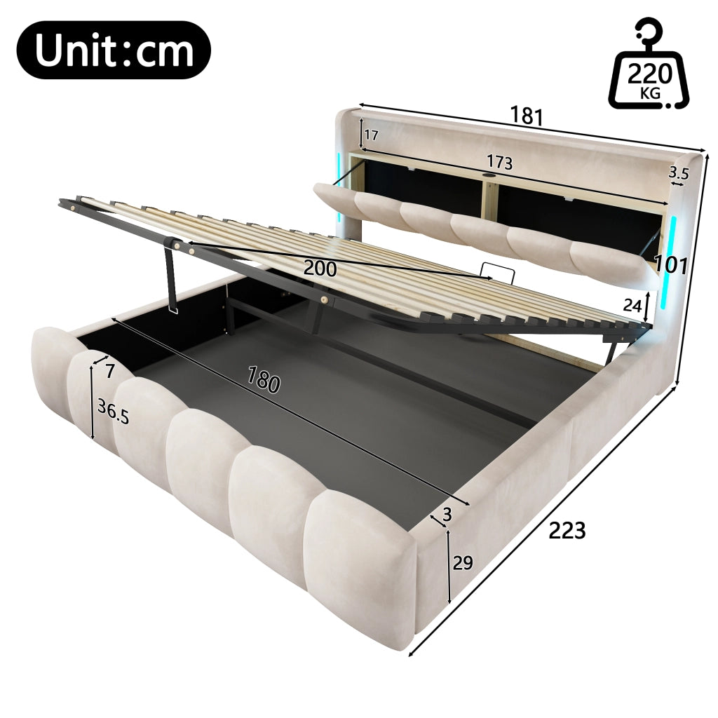 Letto contenitore 180 × 200 cm con LED, vano testiera, USB e Type-C, senza materasso, in velluto beige