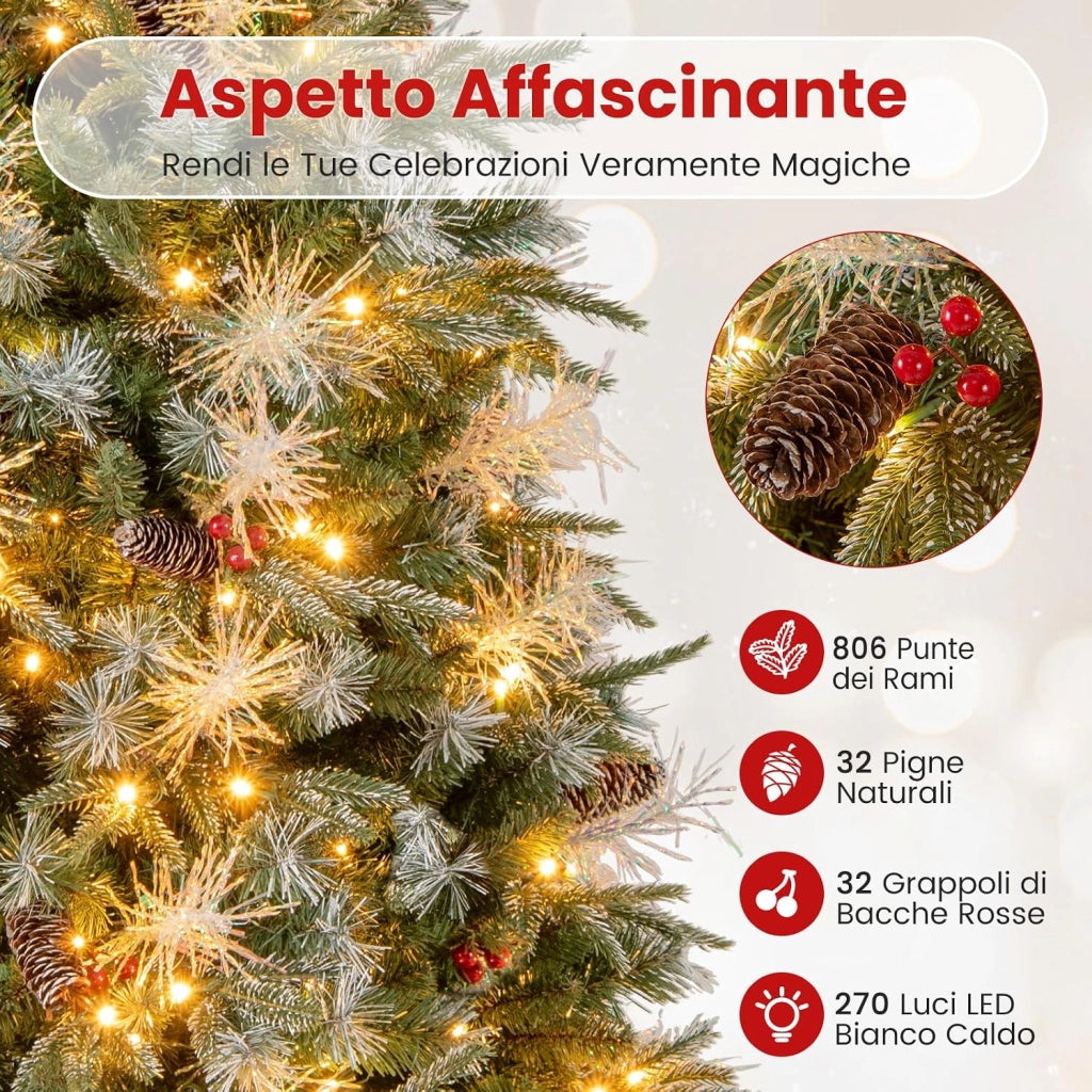 Albero di Natale Artificiale Pre-illuminato 180 cm con 270 Luci LED | Albero di Natale con 806 Punte di Rami in PE, PVC e PET e Pigne e Bacche Rosse, per Casa, Negozio e Ufficio