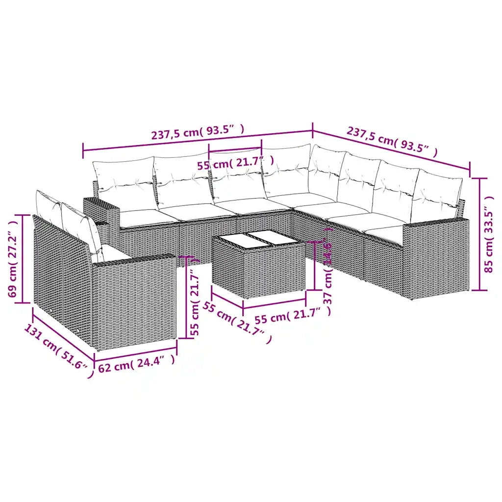 Set Divani da Giardino 10pz con Cuscini in Polyrattan Marrone 3251500