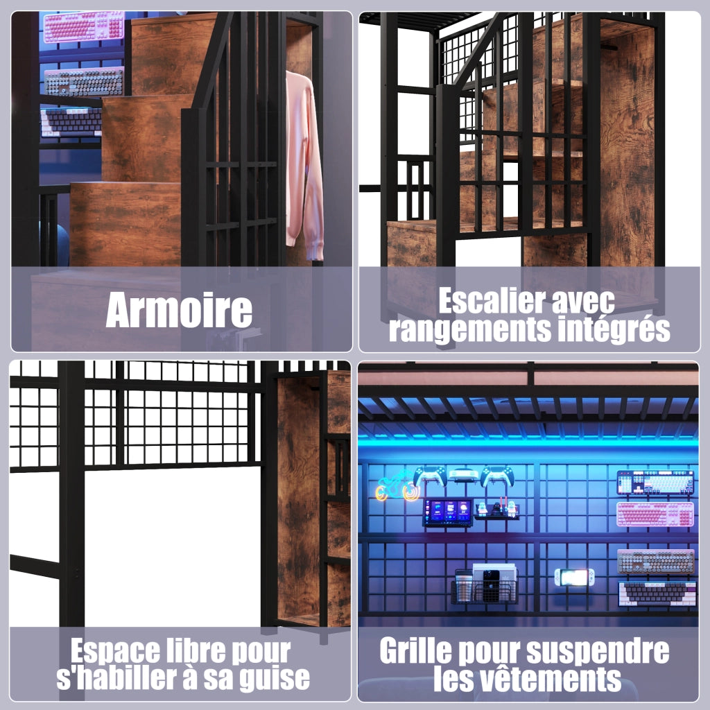 Letto a soppalco in metallo 90x200 cm con guardaroba; scala contenitore; barre appendiabiti; LED 7 colori e spazio aperto; nero