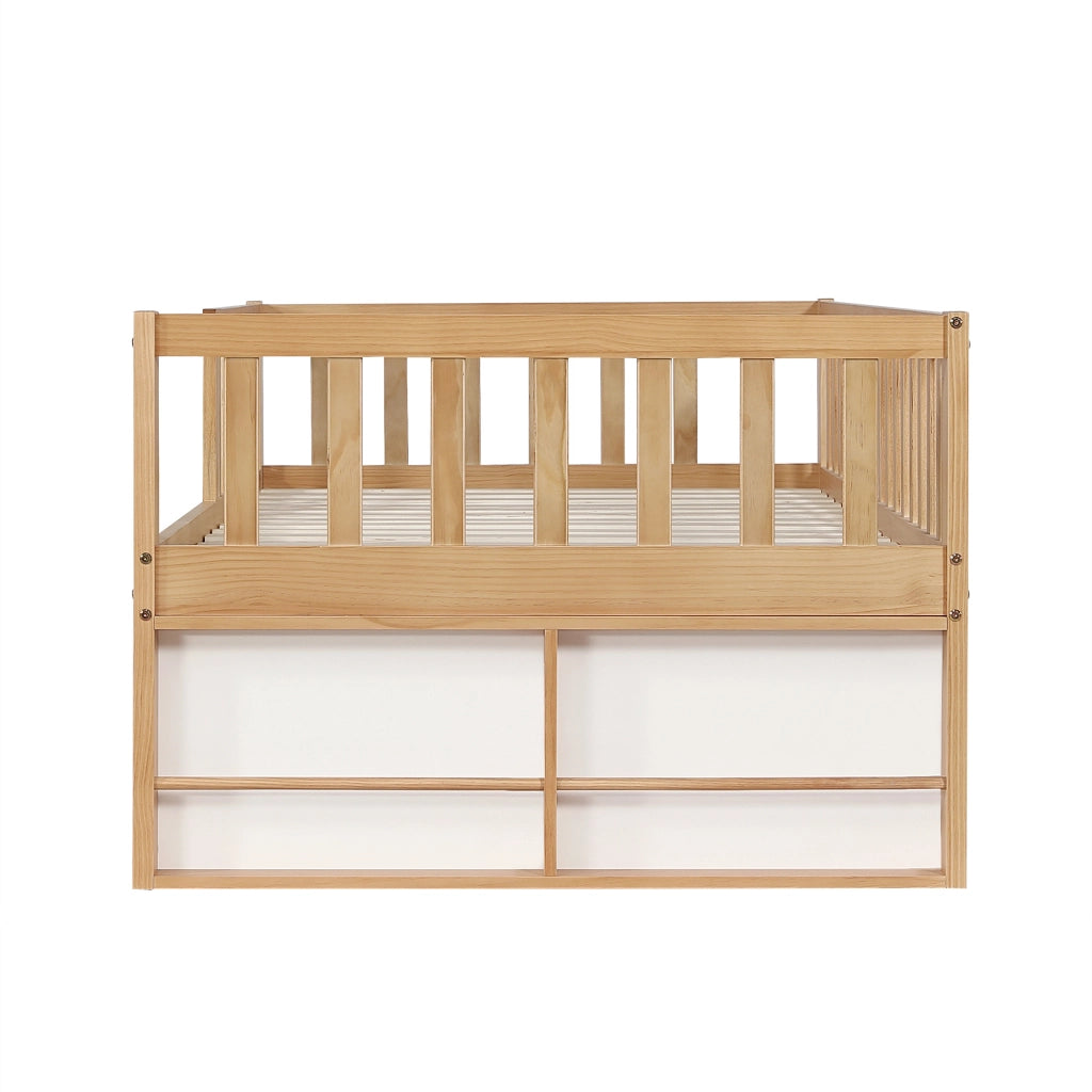 Letto per bambini 90x200 cm, con sponde di sicurezza, completo di cassetti e contenitore, color legno naturale