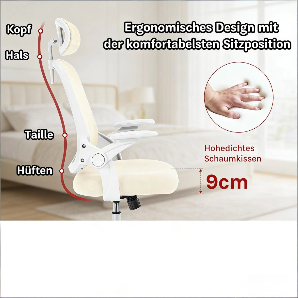 SEDIA UFFICIO Ergonomica Schienale Alto in Rete Beige con Braccioli 3D