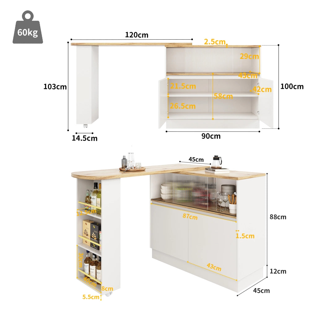 OKWISH Credenza da Cucina Girevole con Ripiani Aperti, Cassetto e Porta Scorrevole in Vetro, per Cucina, MDF, 90 x 45 x 100 cm