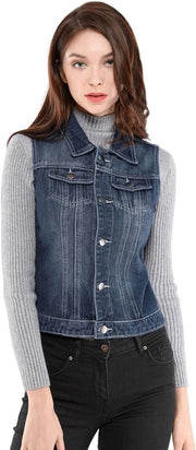 Vestito da donna in denim senza maniche con chiusura a bottone e tasche, taglia alta con collo rialzato. Materiale ecologico.